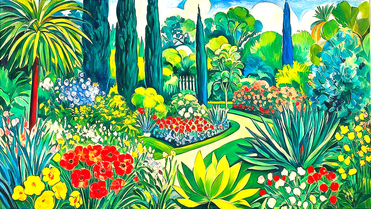 Vibrant Garden Scene with Lush Greenery and Flowers