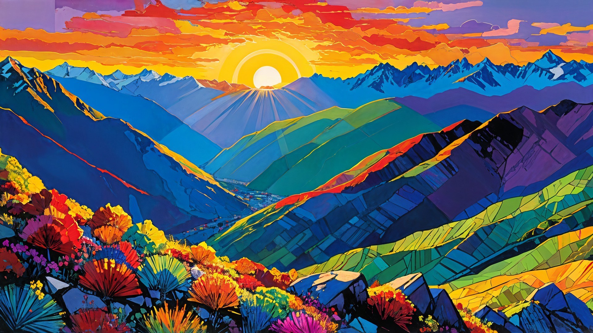 Vibrant Sunrise Landscape with Majestic Mountains and Flora