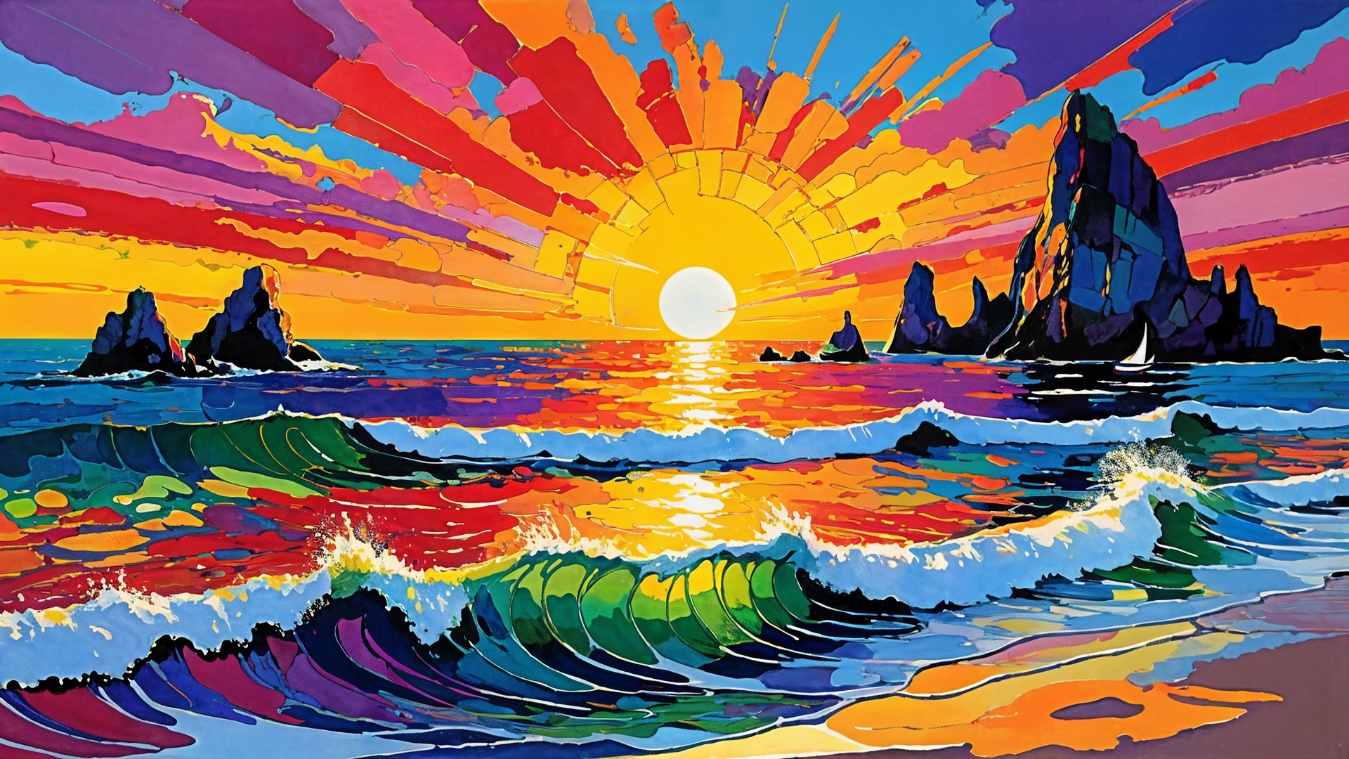 Vibrant Sunset Over Tranquil Sea and Rock Formations