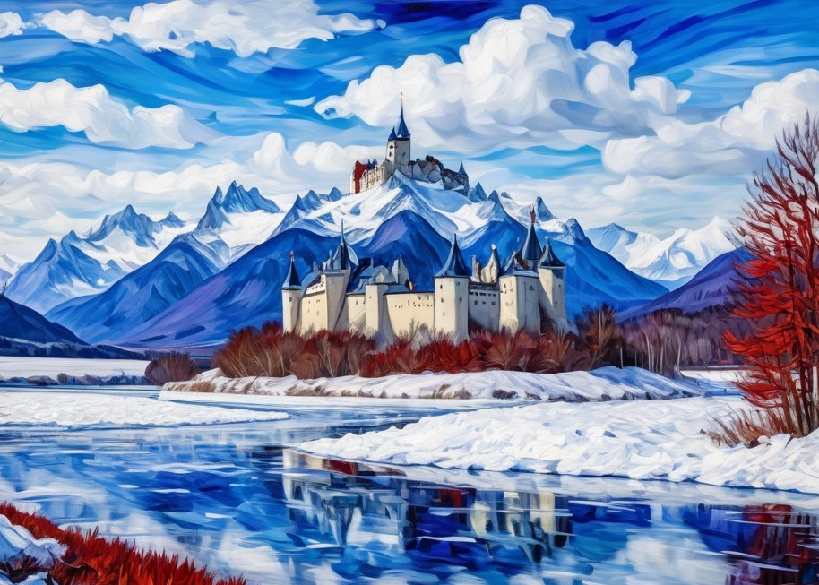 Majestic Castle on Snow-Capped Mountain Landscape