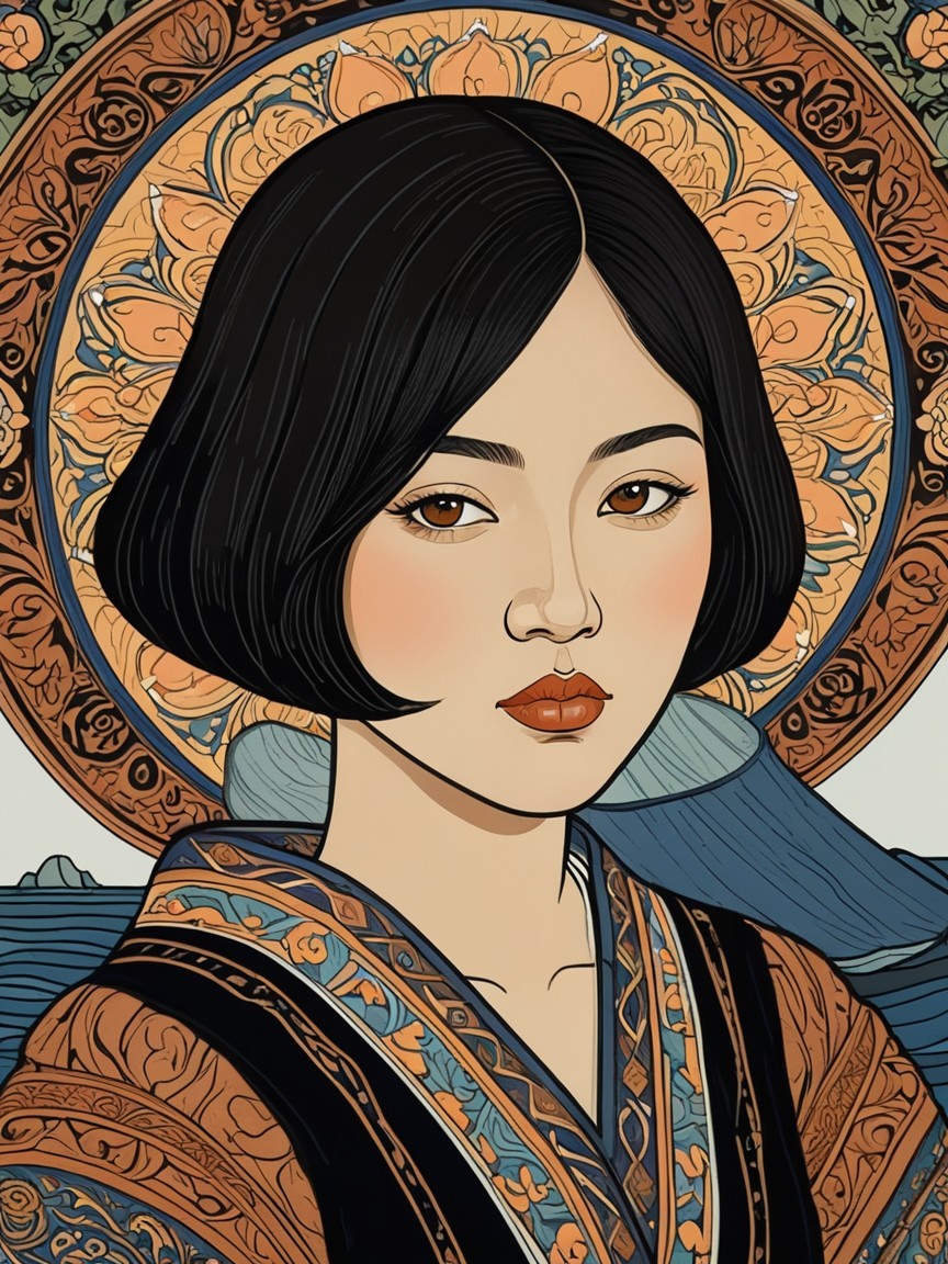 Stylized Portrait of Young Woman with Floral Background