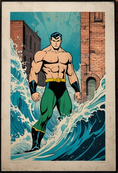 Muscular Superhero in Coastal Setting with Waves