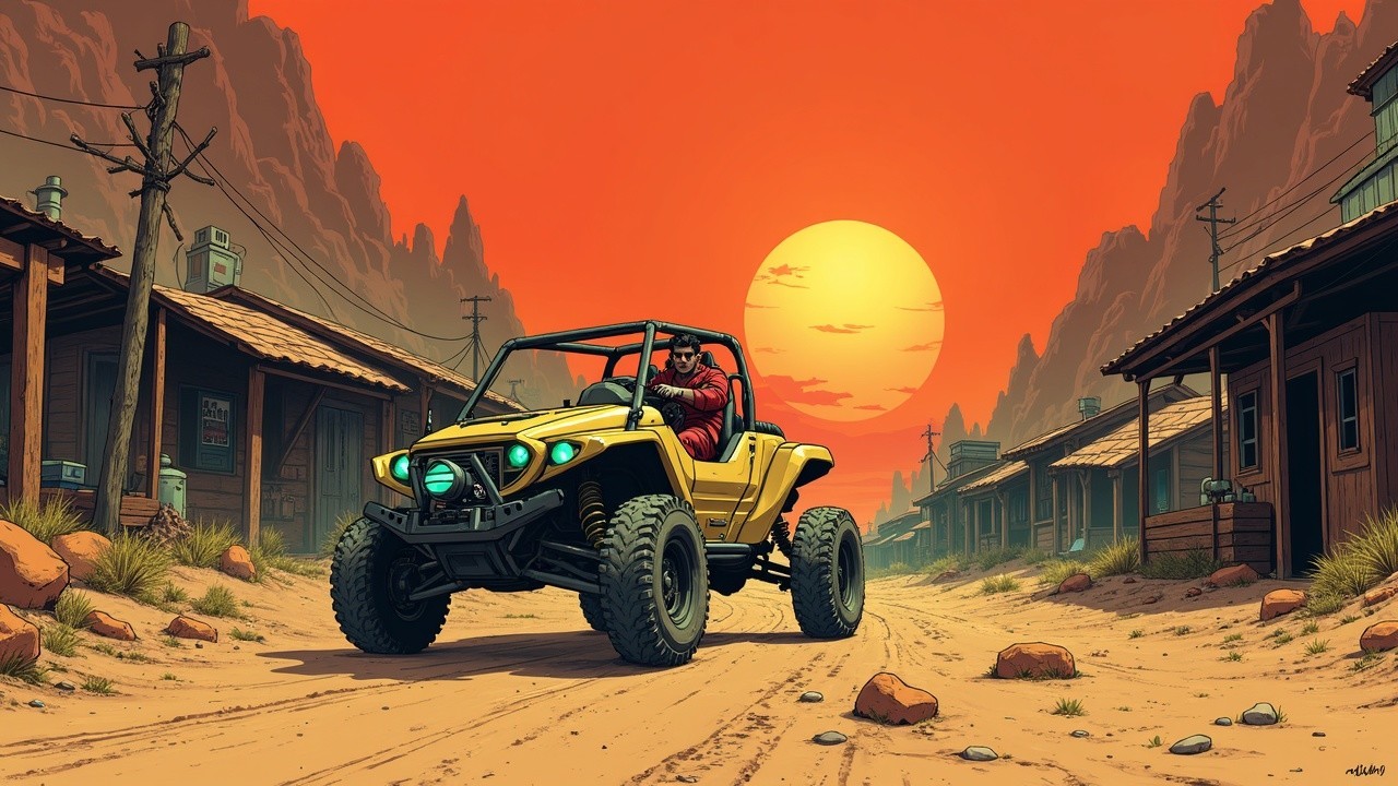Off-Road Vehicle in Desert Ghost Town at Sunset