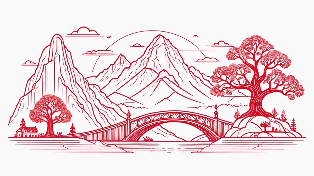 Stylized Landscape with Mountains and Bridge Illustration