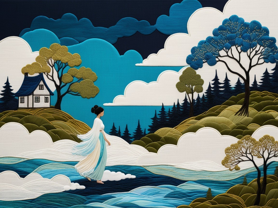 Serene Landscape with Embroidery and Vibrant Hills