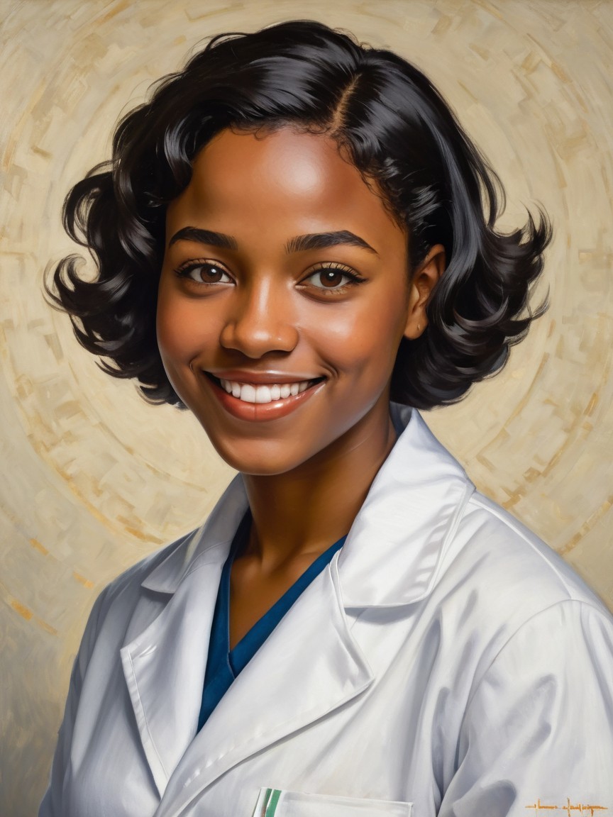 Young Woman in Lab Coat with Warm Smile and Confidence