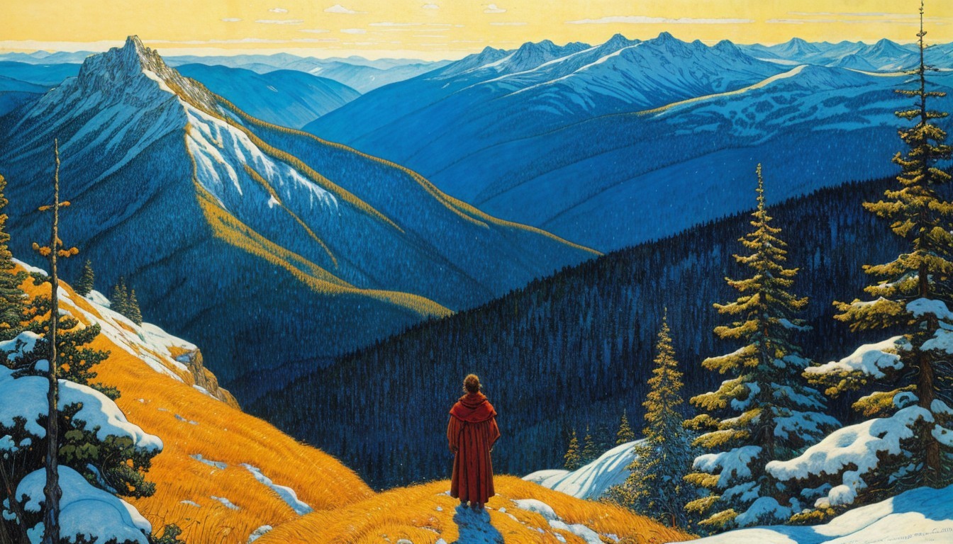 Figure in Red Cloak on Mountain Trail Landscape
