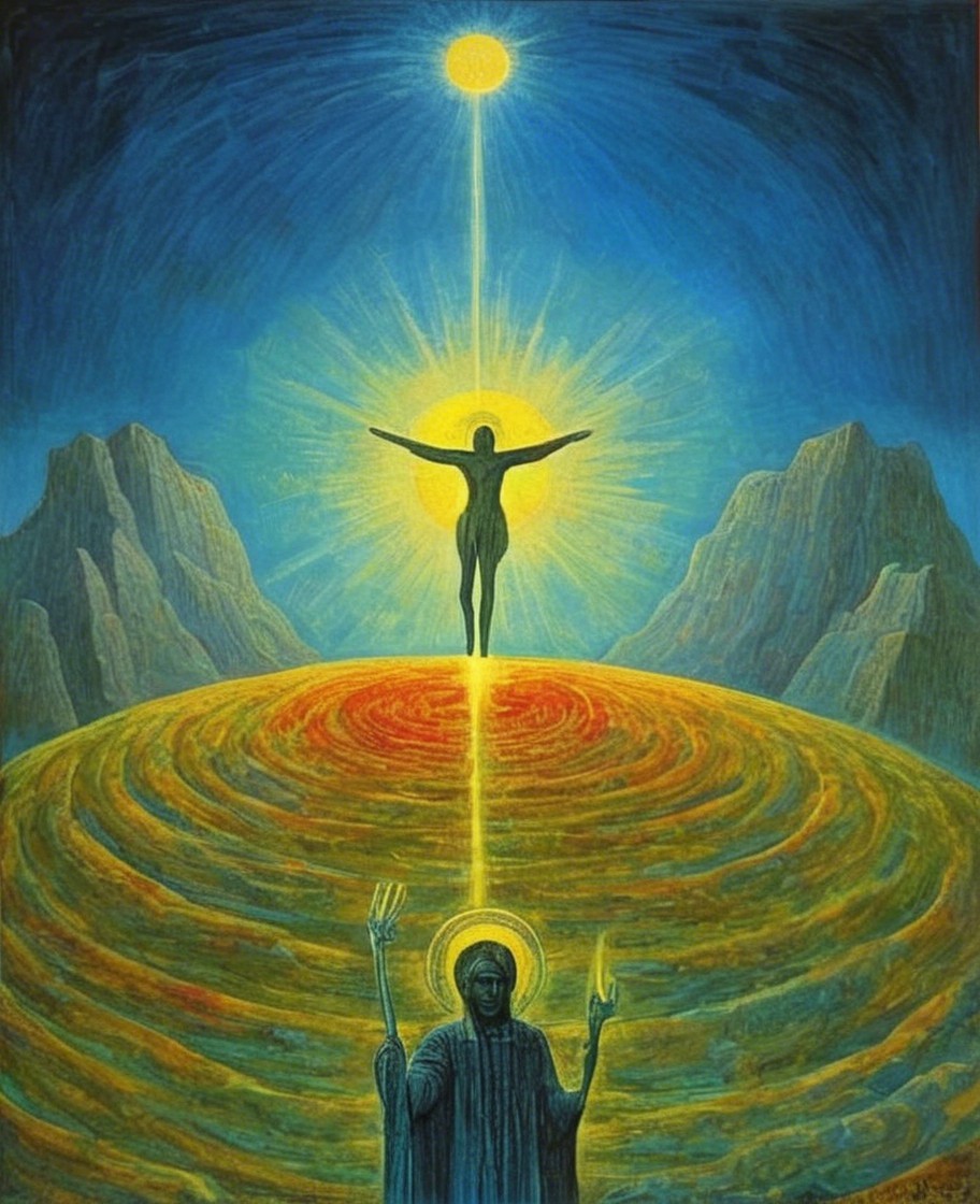 Vibrant Symbolic Landscape with Radiant Sun and Figures