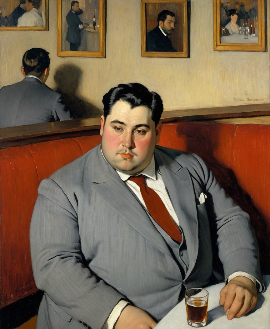 Large man in gray suit in vintage booth setting