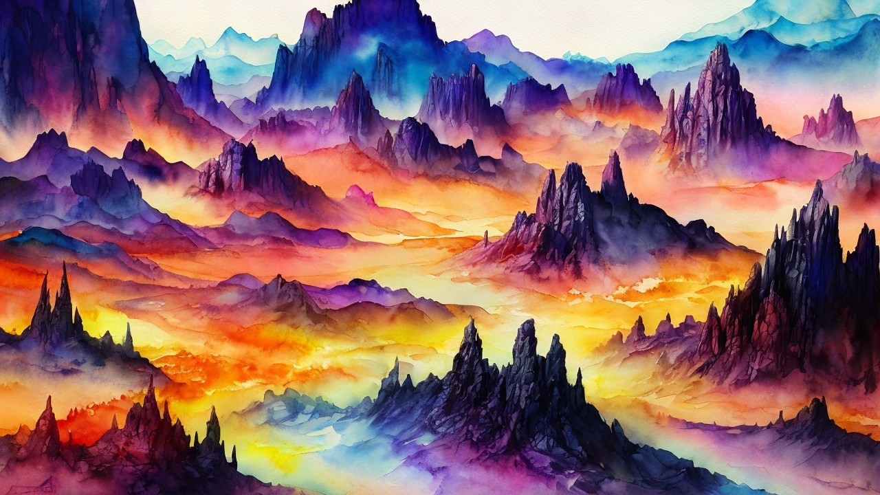 Vibrant Dreamy Landscape with Colorful Jagged Mountains