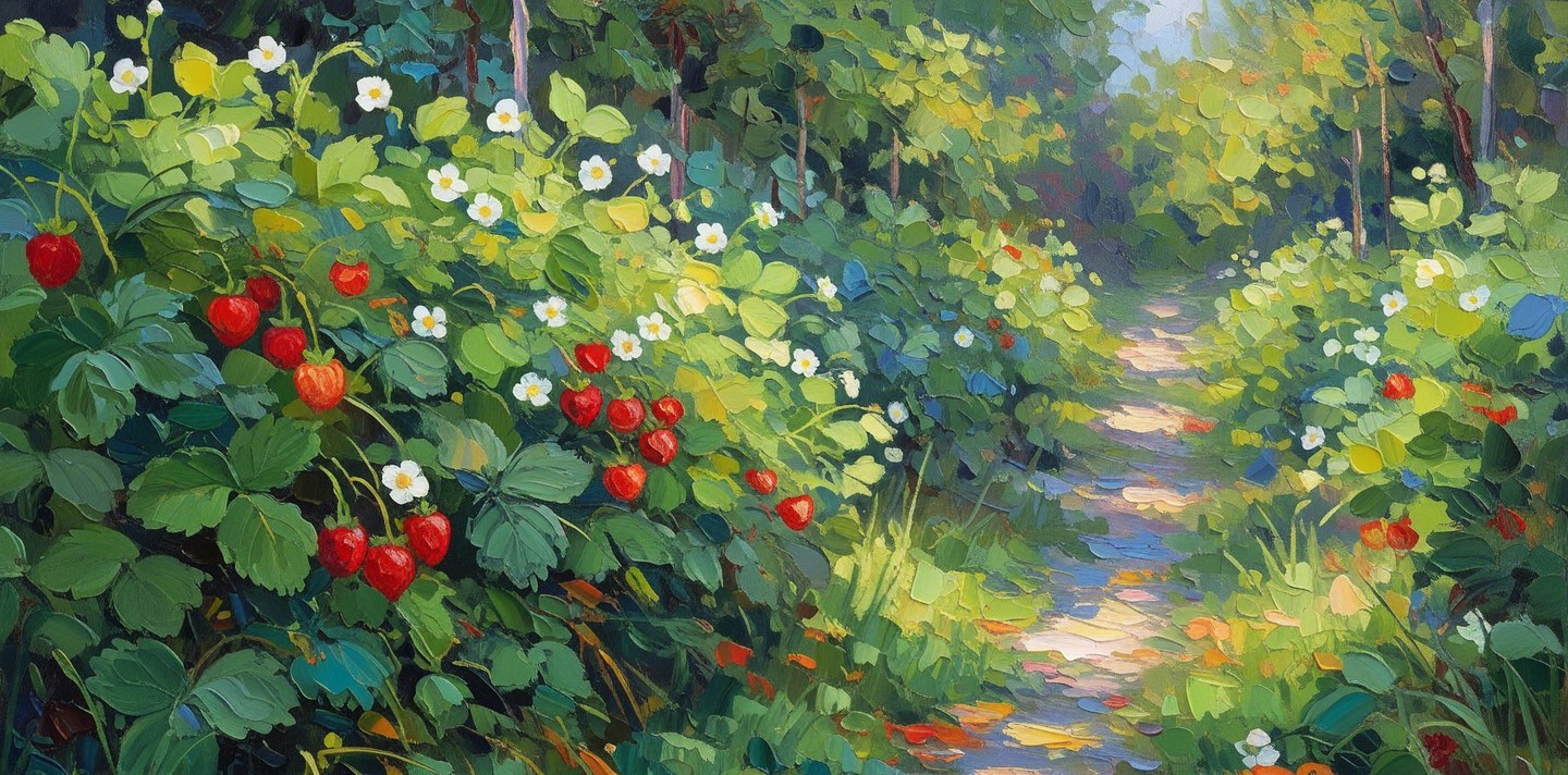 Vibrant garden path with strawberry plants and flowers