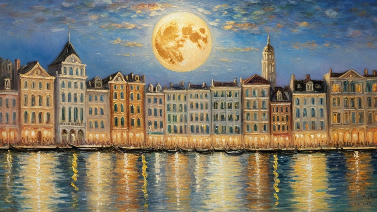 Impressionistic Waterfront Scene Under Moonlight