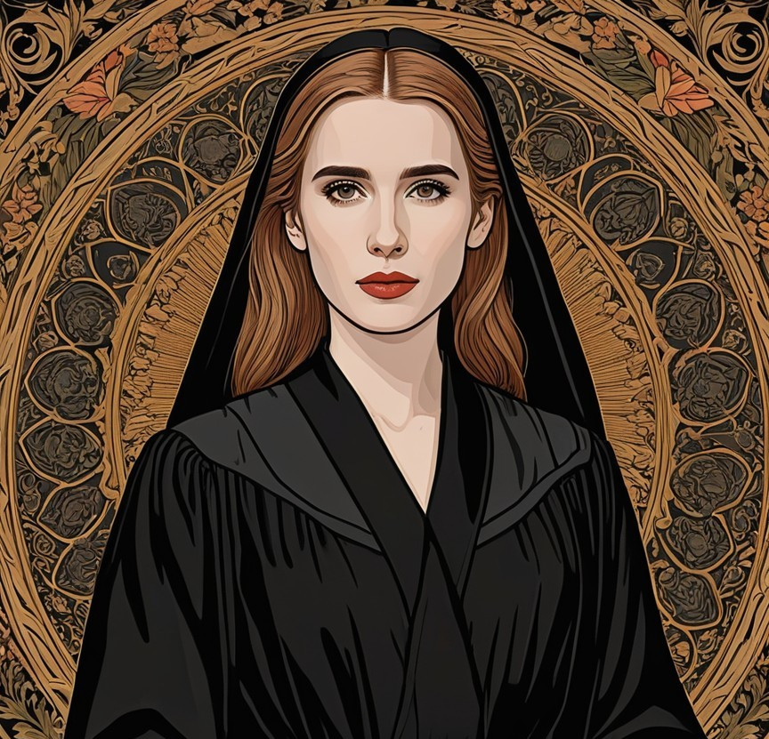 Portrait of a Woman in Dark Outfit with Floral Background