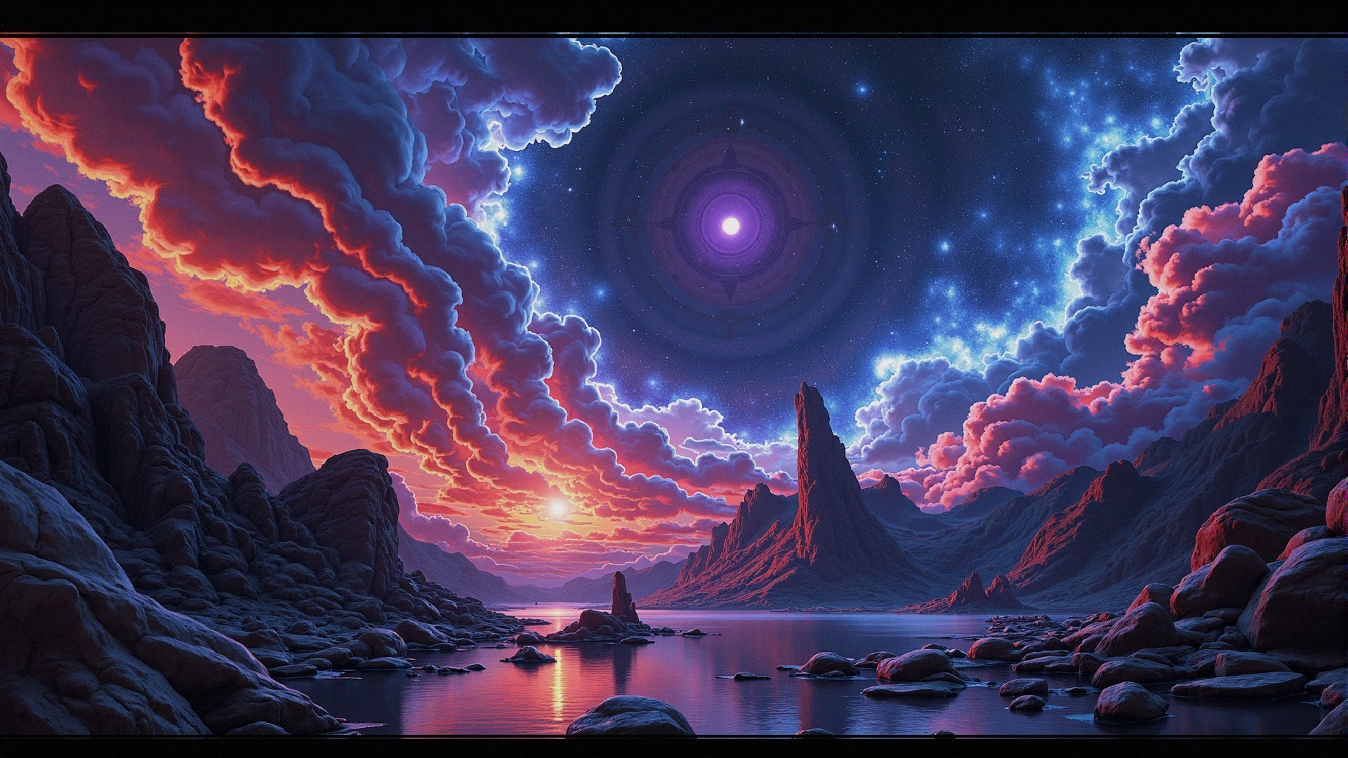 Vibrant Landscape with Rock Formations and Celestial Body