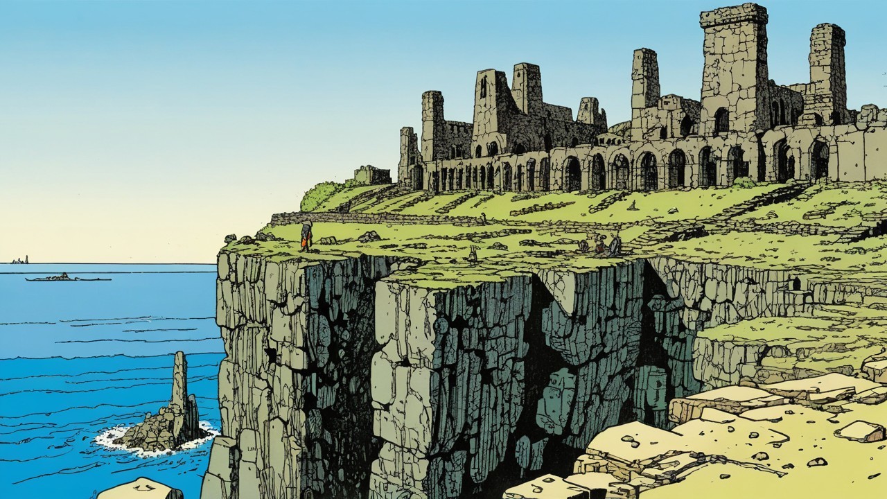 Ancient Stone Ruins on Cliff Overlooking Blue Sea
