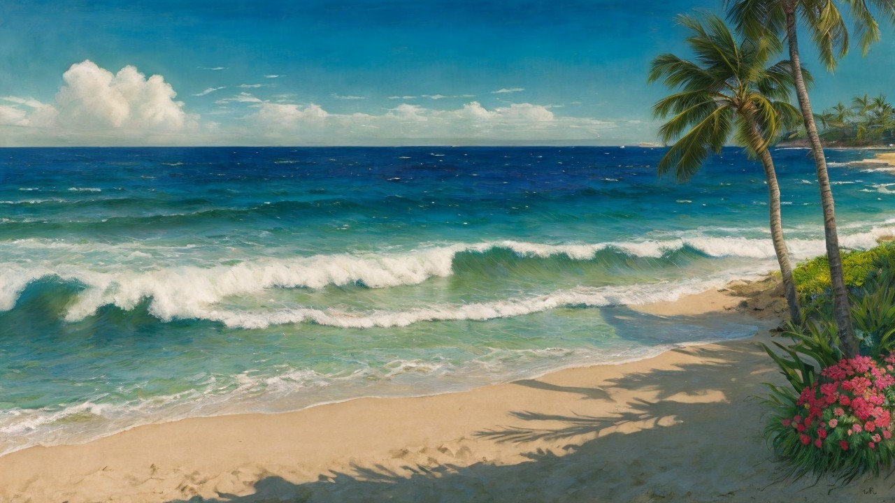 Serene beach scene with palm trees and vibrant flowers