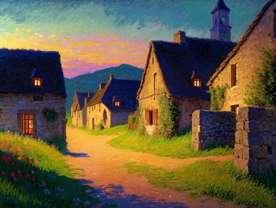 Rustic Village with Stone Houses and Dusk Sky
