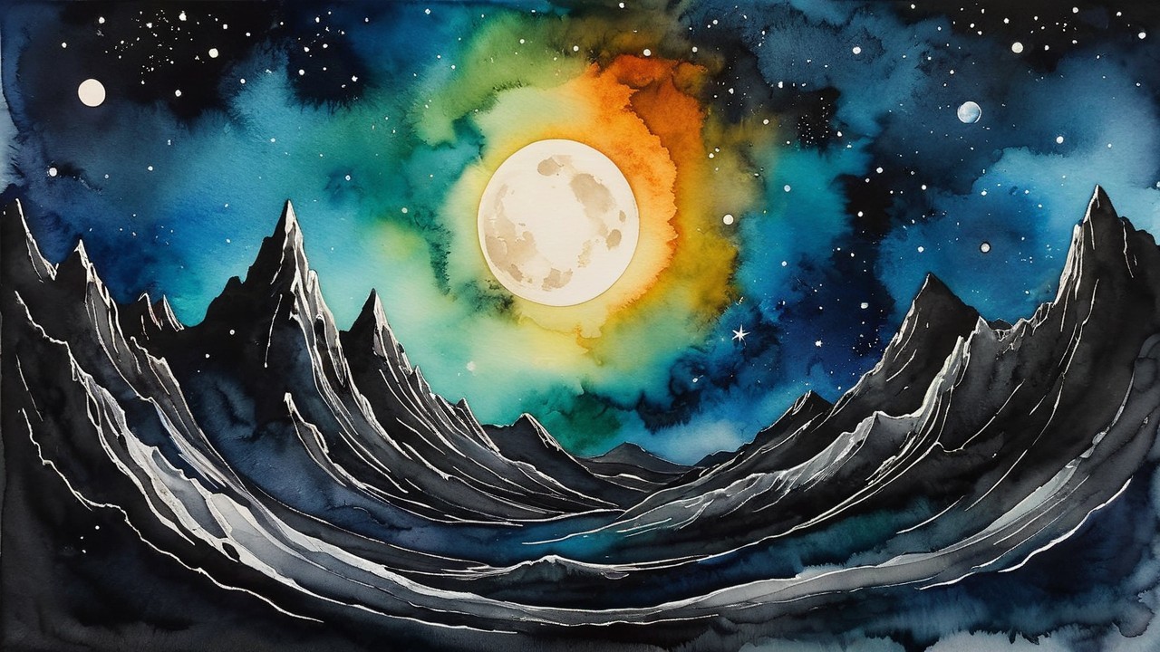 Watercolor Painting of Serene Night Landscape
