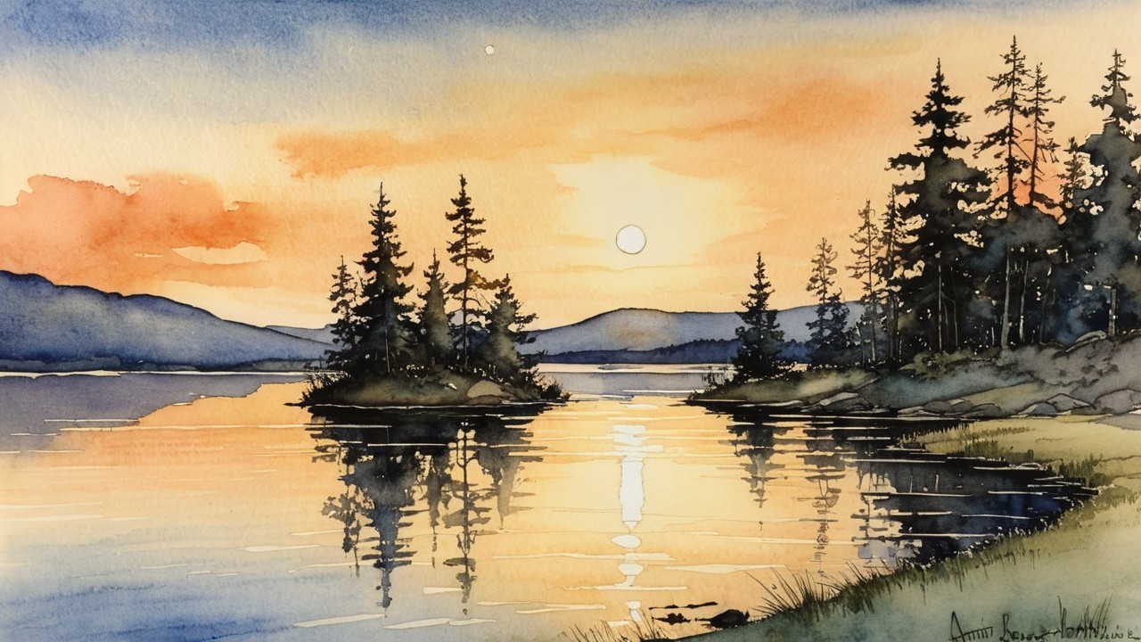 Watercolor Painting of Tranquil Lake at Sunset