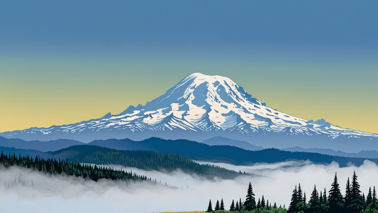 Serene Landscape with Snow-Capped Mountain and Fog