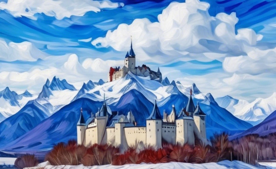 Castle on Rugged Mountains with Snow-Capped Peaks