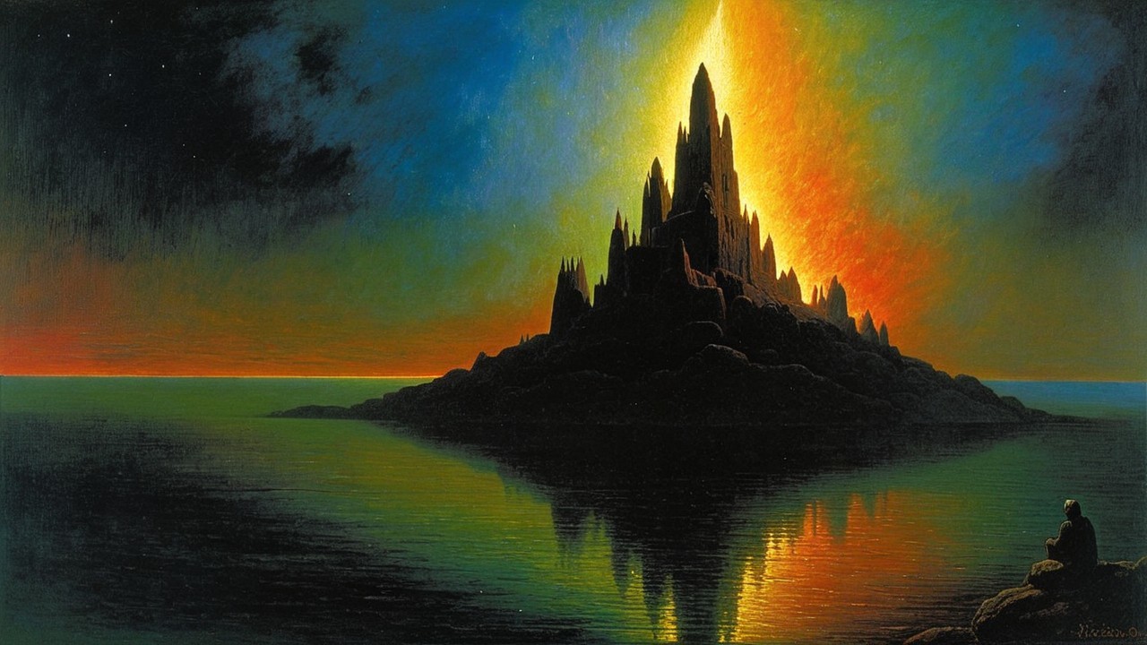 Surreal Landscape of Mountain and Sunset over Sea