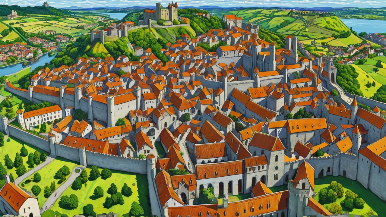 Medieval Castle Landscape with Fortified Town and River