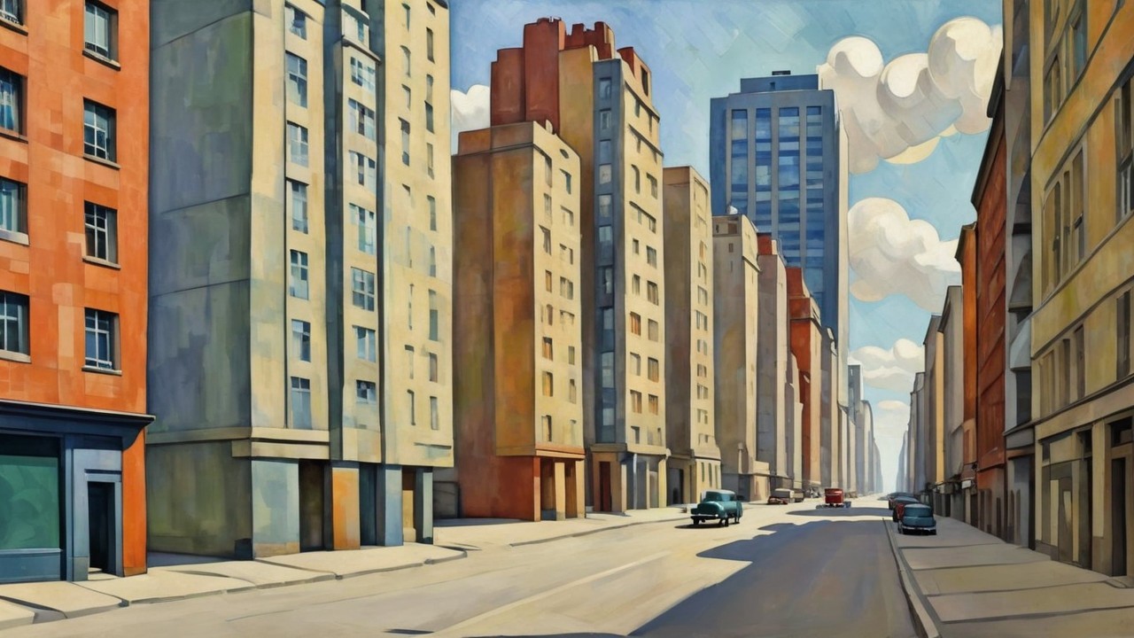 Wide-angle street painting with tall buildings and cars