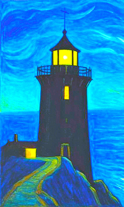Lighthouse Illuminated Against Night Sky Over Ocean