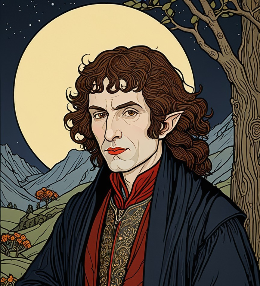 Male character with long hair and dark cloak under moonlight