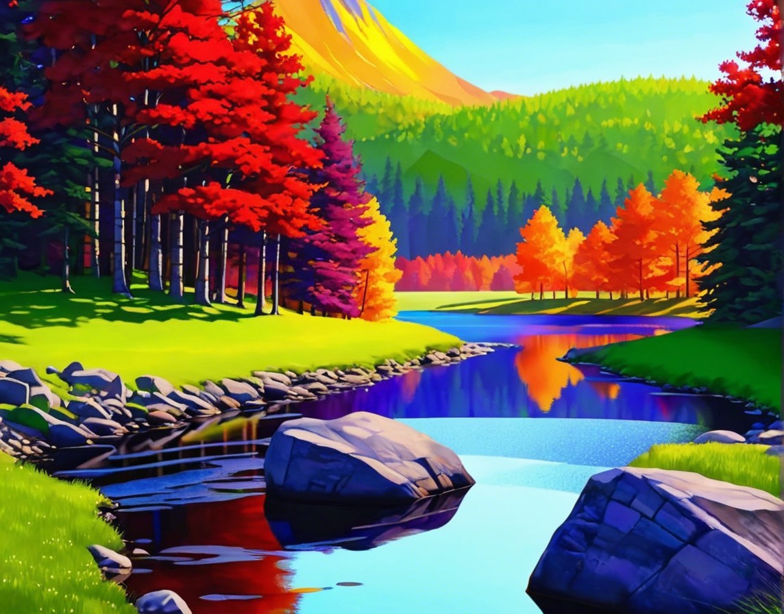 Vibrant Autumn Landscape with Serene River and Mountains