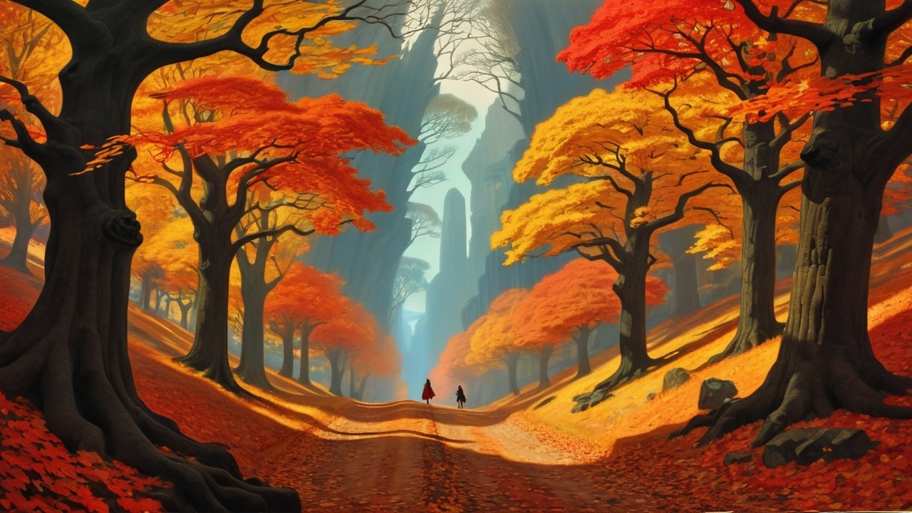 Serene valley with autumn foliage and towering cliffs