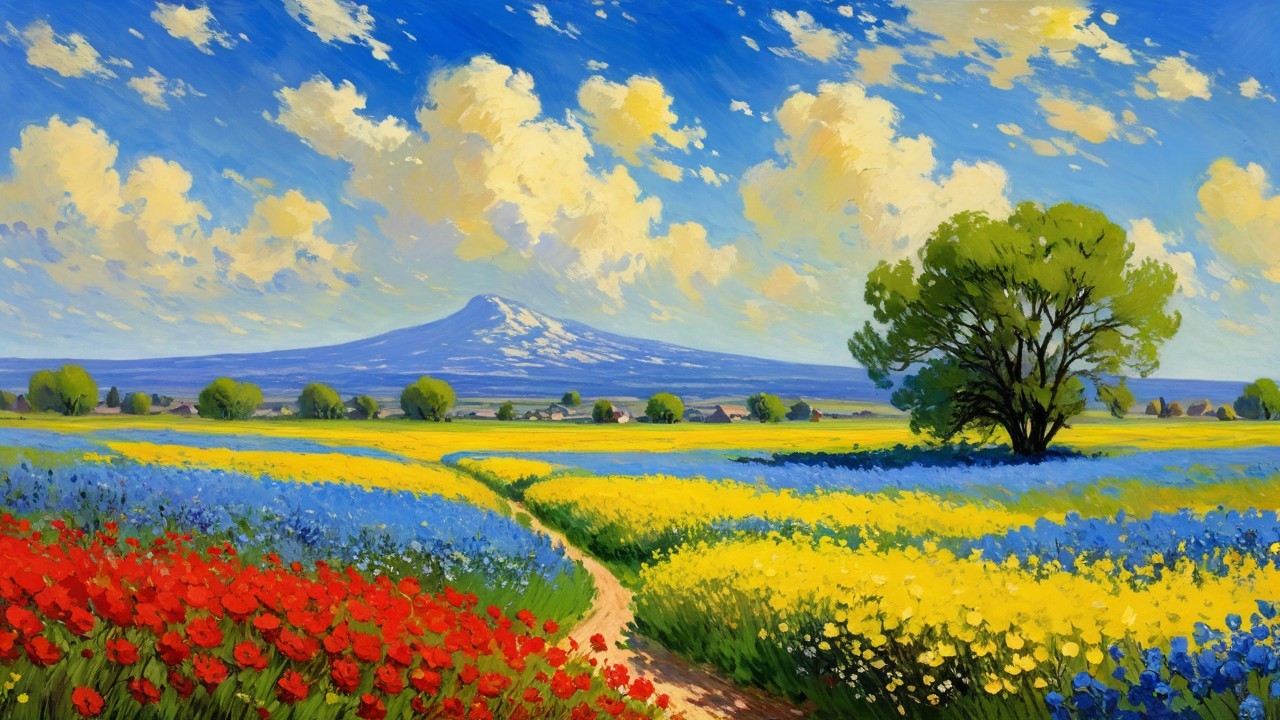 Vibrant Landscape with Mountain and Colorful Flowers