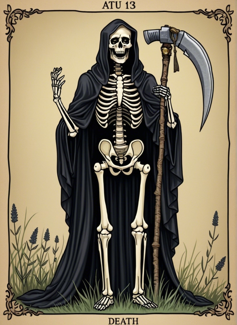 Skeletal Figure of Death in Dark Cloak with Scythe