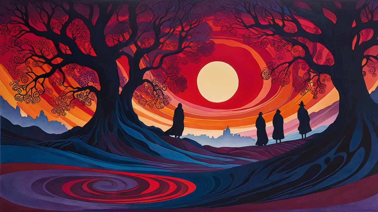 Surreal Sunset Landscape with Cloaked Figures and Cityscape