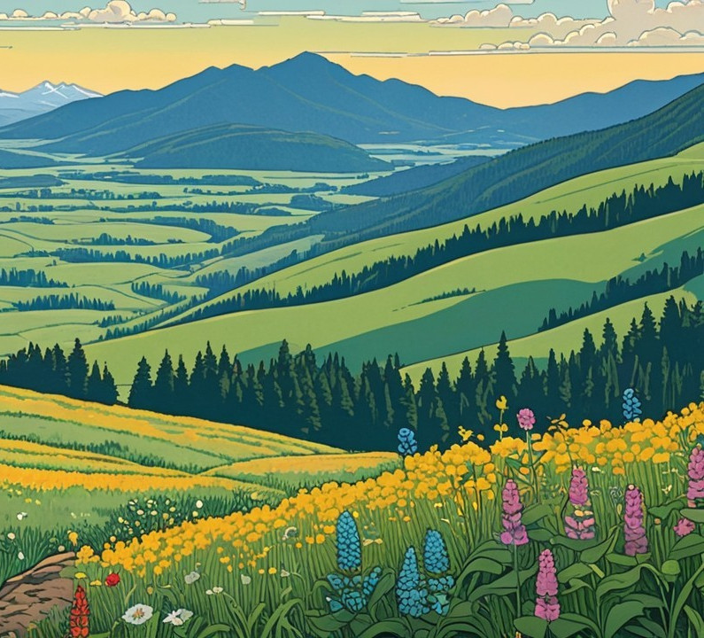 Vibrant Landscape of Rolling Hills and Mountains