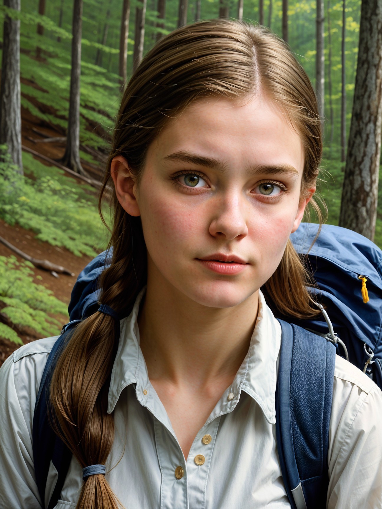 Young Woman in Lush Forest with Blue Backpack