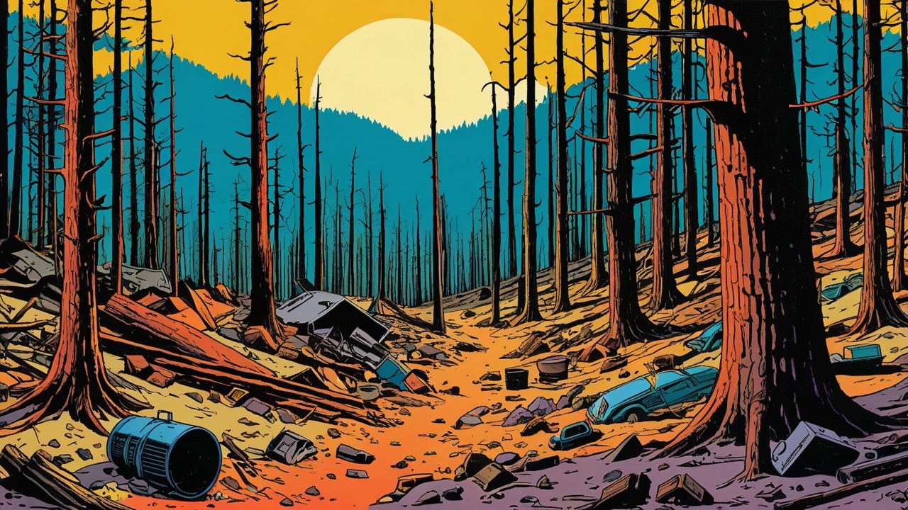 Post-Apocalyptic Landscape with Charred Forest and Sunset