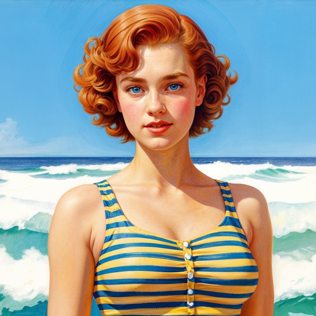 Young Woman in Striped Swimsuit by Ocean Waves