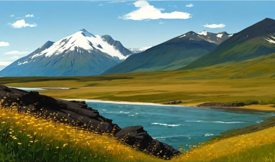 Serene Landscape with Mountains, River, and Wildflowers