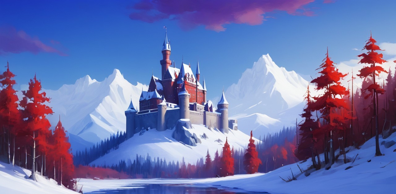 Castle on Snowy Mountain with Vibrant Red Trees