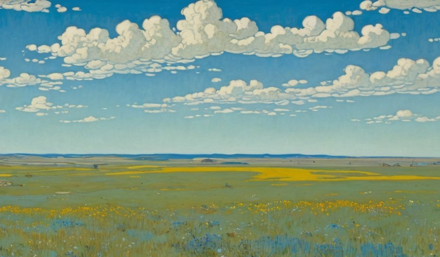 Serene Landscape of Green Grasslands and Wildflowers