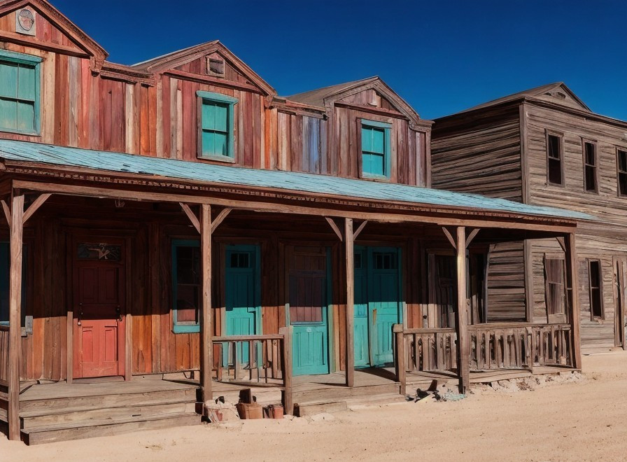 Old Western Town Facade with Colorful Wooden Buildings
