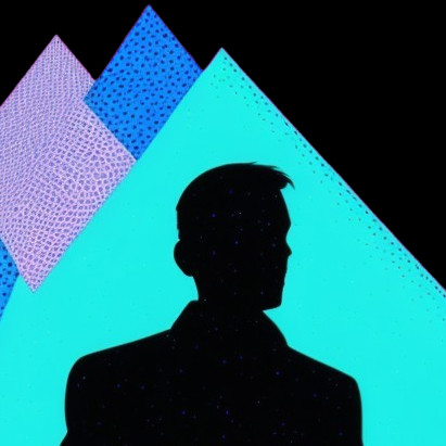 Silhouette Against Geometric Mountain Shapes in Colorful Background