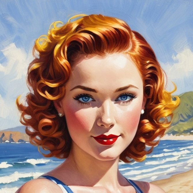 Vintage Look of Woman with Red Hair at Beach