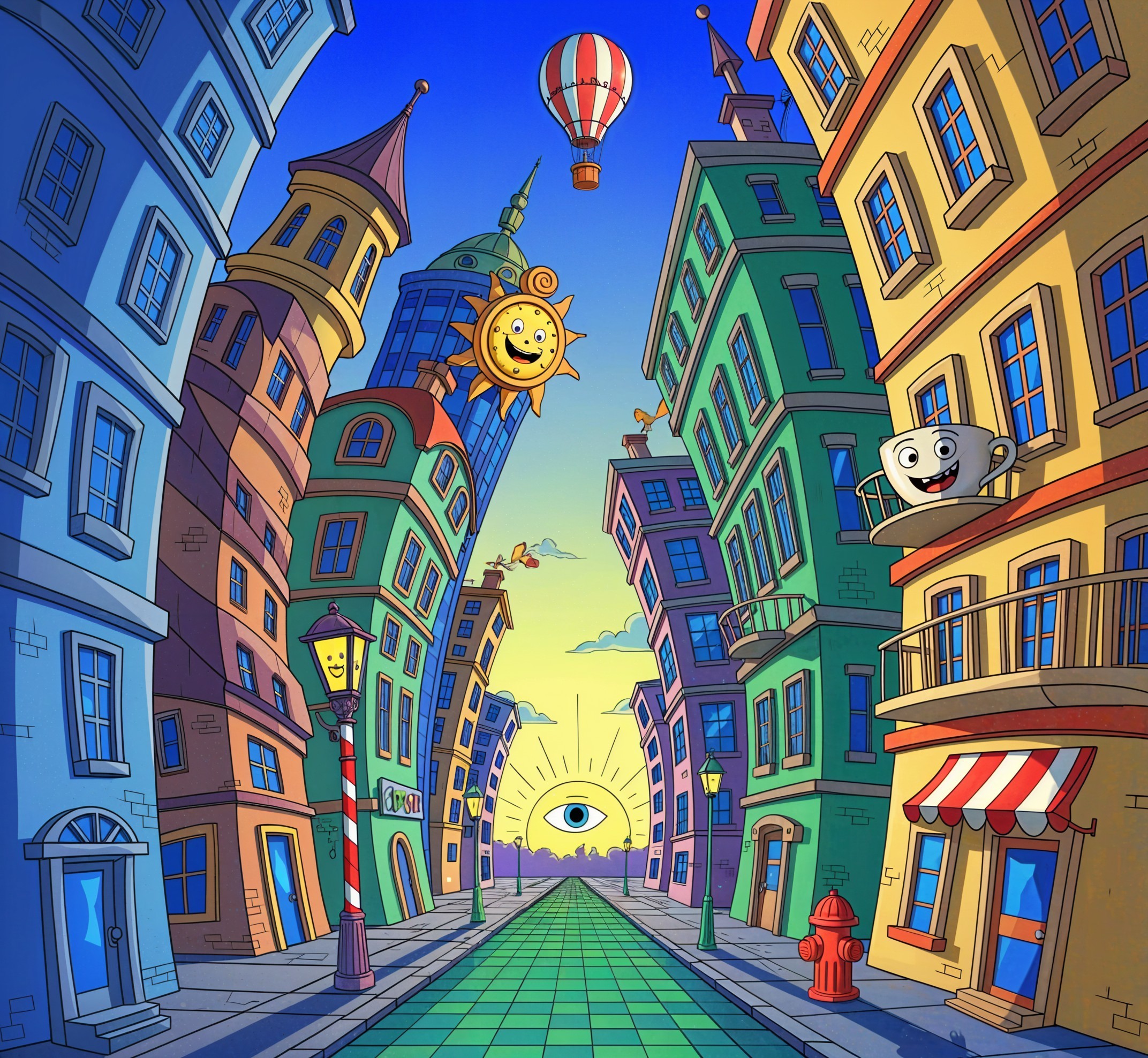 Whimsical Street Scene with Colorful Quirky Buildings