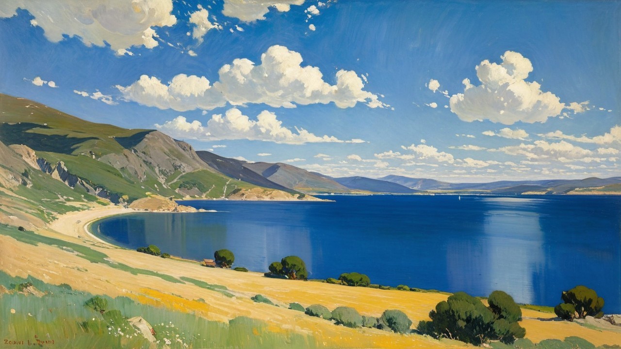 Serene Lakeside Scene with Vibrant Blue Water