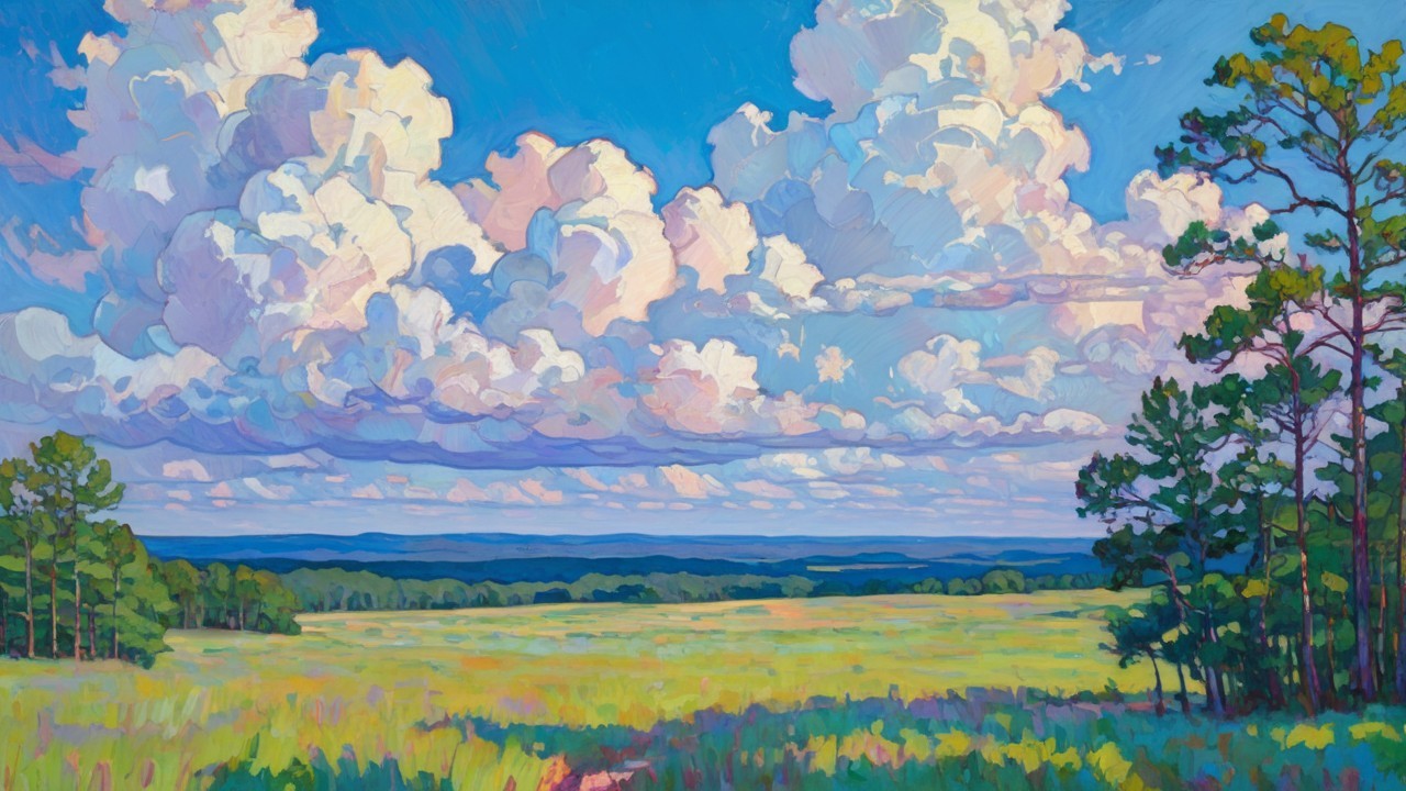 Vibrant Meadow Landscape with Blue Sky and Hills
