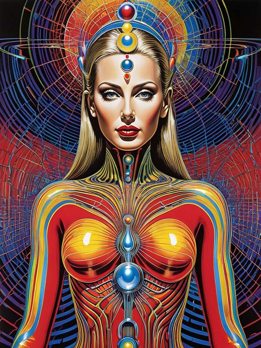 Stylized Female Figure with Colorful Patterns and Swirls