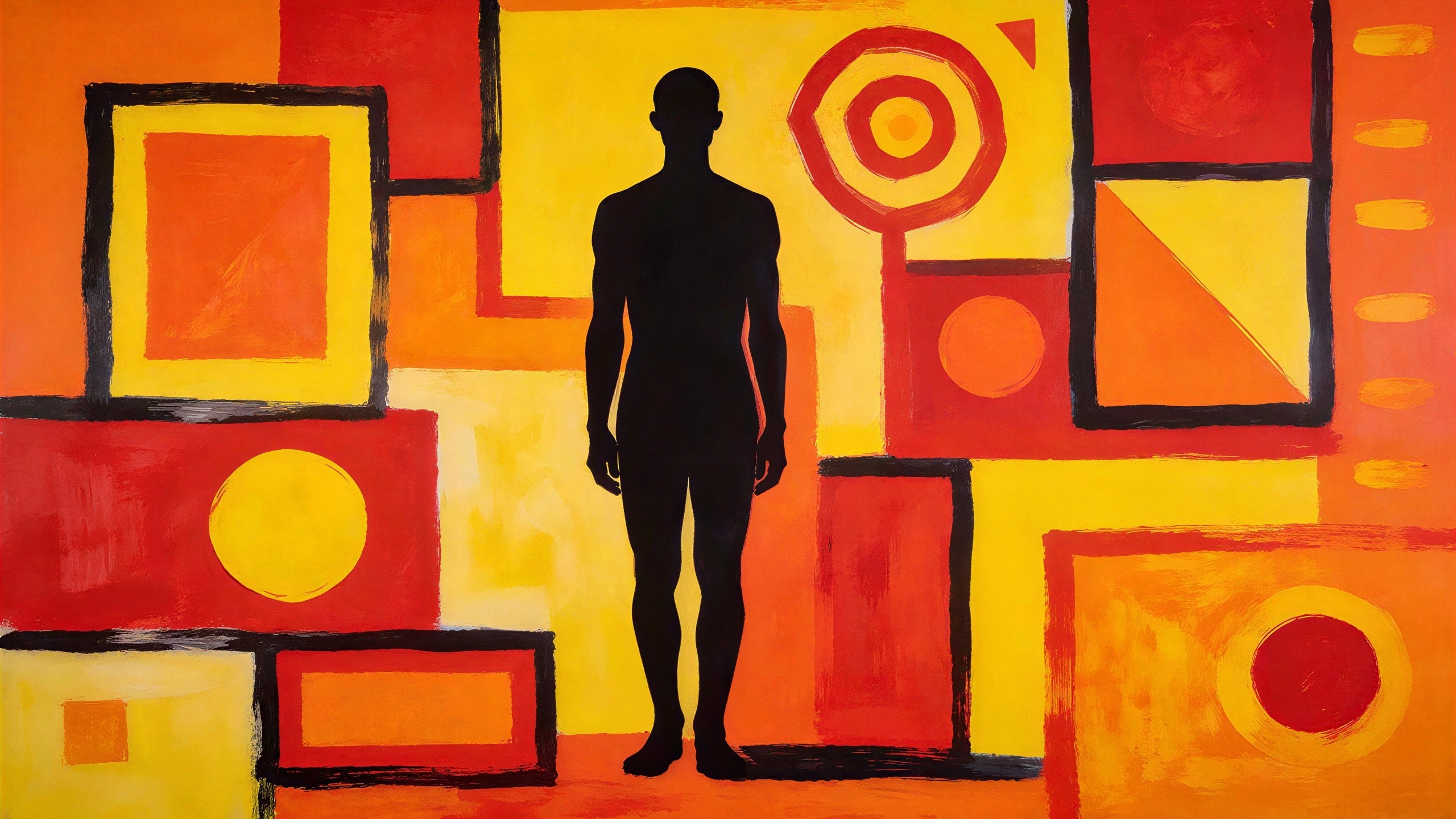 Textured abstract geometric painting with silhouette and shapes